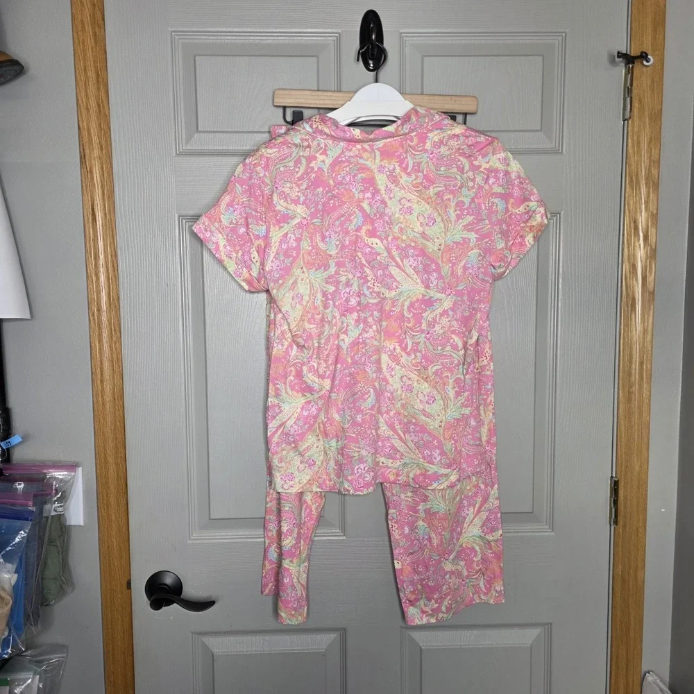 New RALPH LAUREN 2PC Pajama Set Pink Paisley Floral Short Sleeve Capri Pant